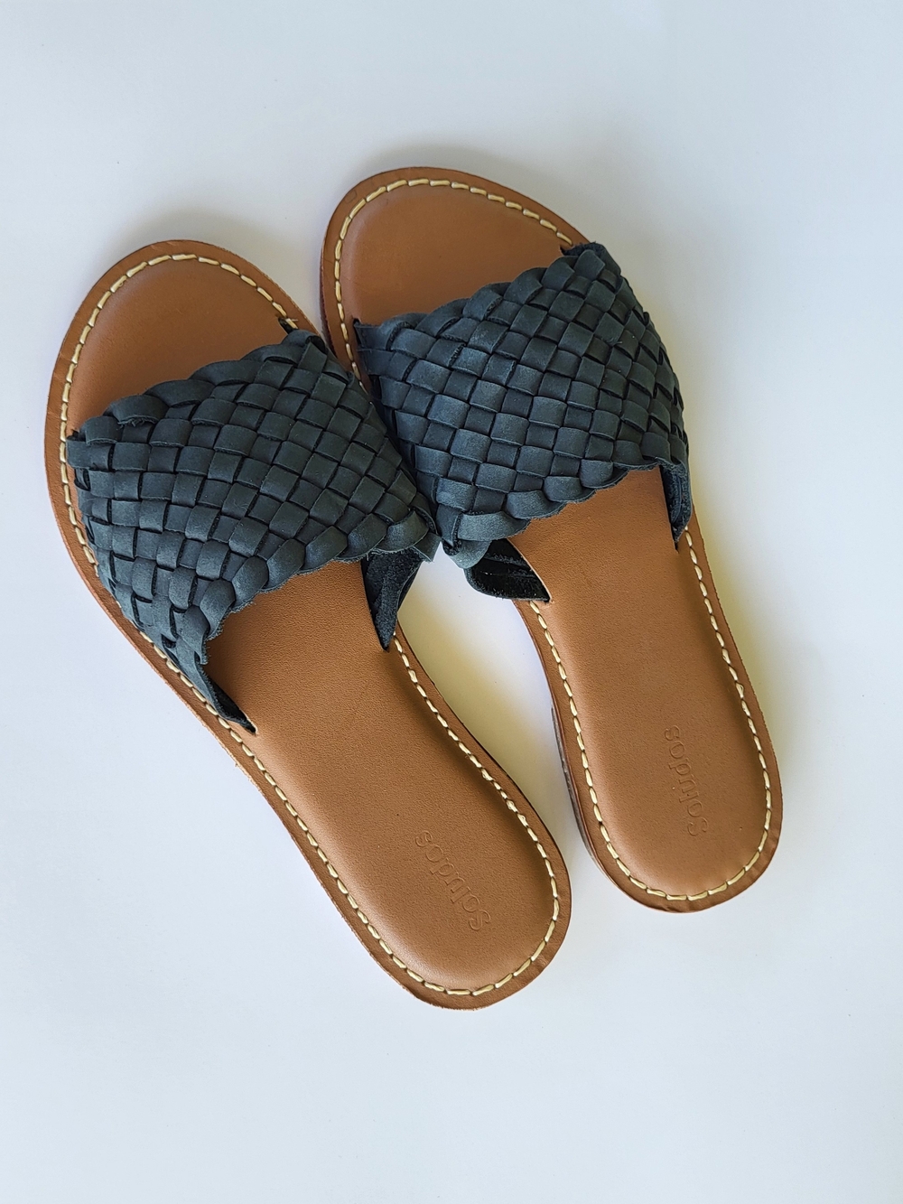 New Saludos Leather Woven Slide Sandals in Black and Tan